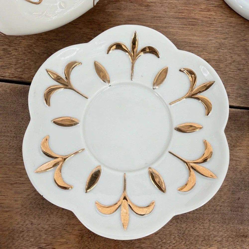 VTG 90s PartyLite Tea For Two Candle Holder Porcelain Teapot 2 Saucers Gold Trim - Picture 8 of 14